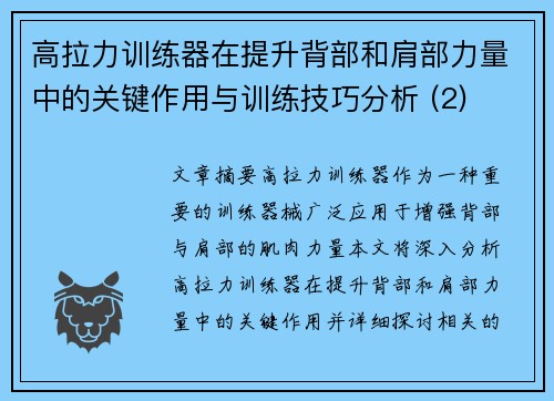 高拉力训练器在提升背部和肩部力量中的关键作用与训练技巧分析 (2)