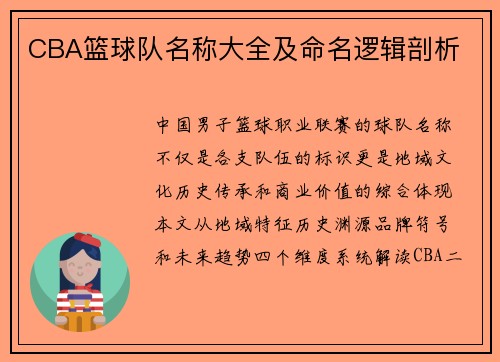 CBA篮球队名称大全及命名逻辑剖析